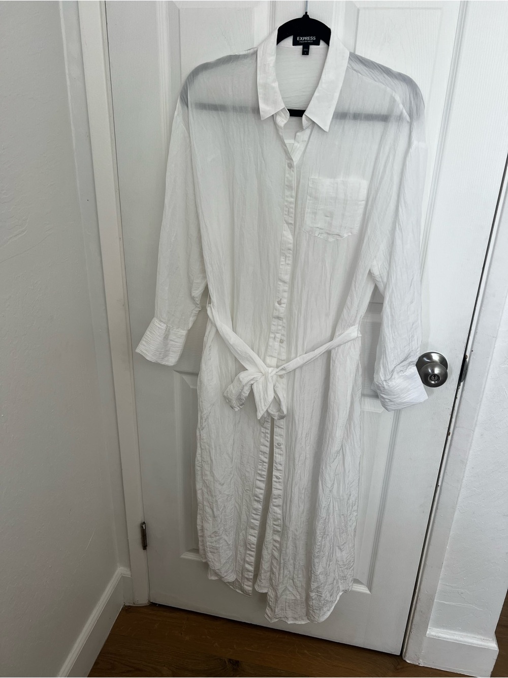Express White Long Button-Front Shirt Dress with Waist Tie